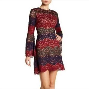 WAYF Dream Lover Fall Lace Striped Bell Sleeve Fit & Flare Mini Dress Size Large